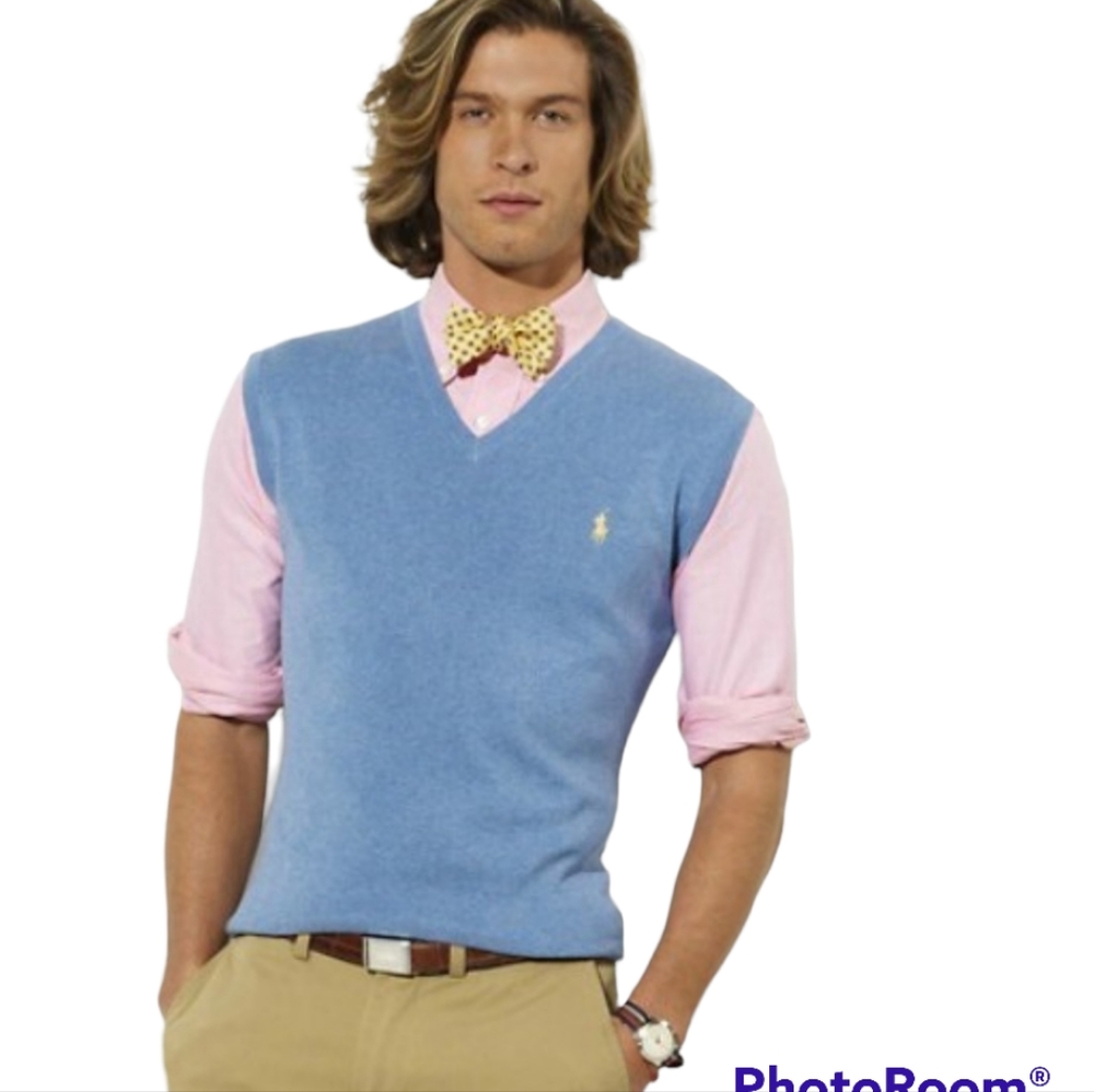 Polo by Ralph Lauren Light Blue V-Neck Sweater Vest with Pink Shirt Styling